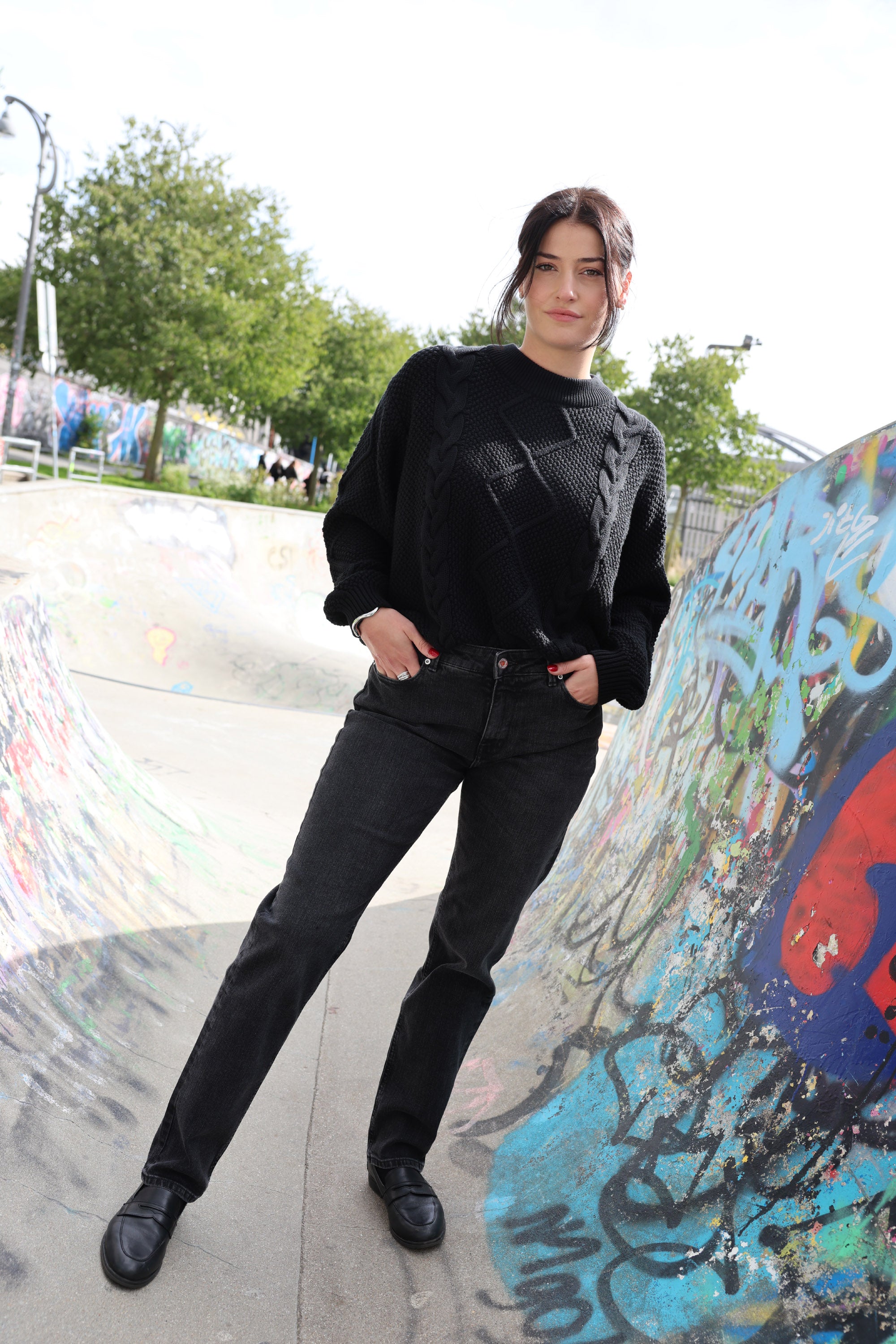 MELA WEAR Zopfmuster Strickpullover SAMAIRA für Frauen aus GOTS-Zertifizierter Bio-Baumwolle in schwarz