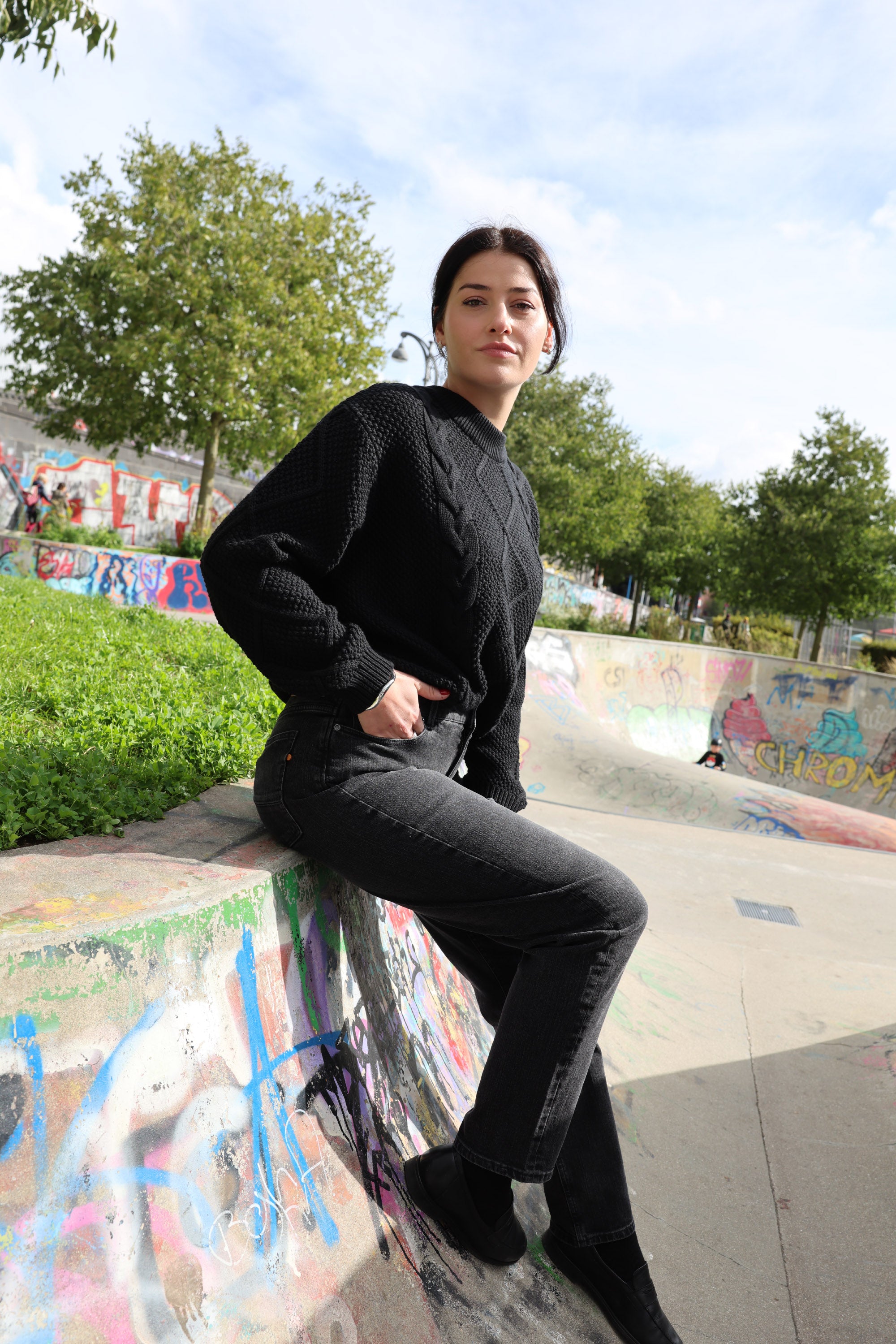 MELA WEAR Zopfmuster Strickpullover SAMAIRA für Frauen aus GOTS-Zertifizierter Bio-Baumwolle in schwarz